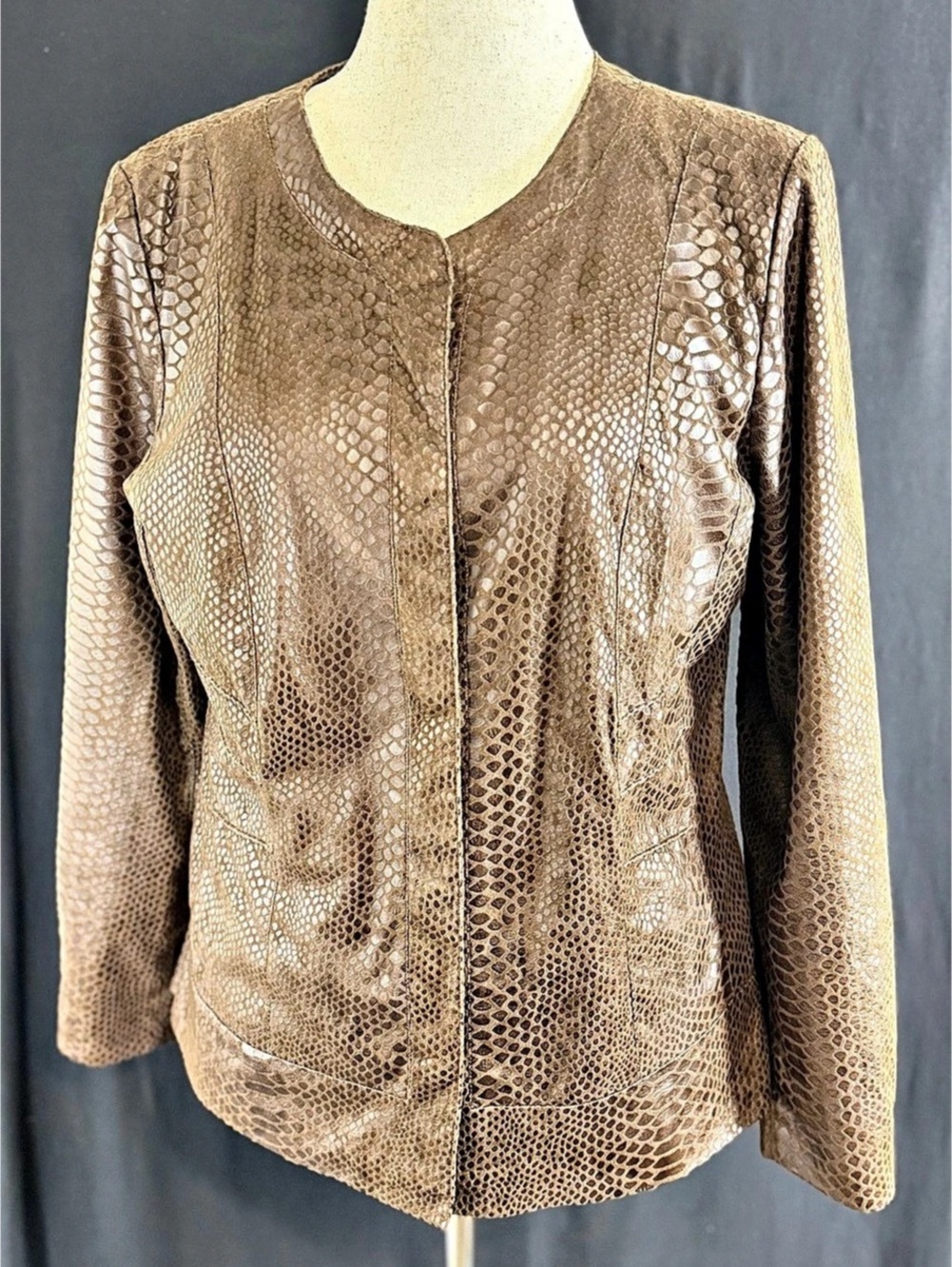 Dana Buchman Faux Snakeskin Jacket Brown Large Snap Buttons Tailored Classic Fun